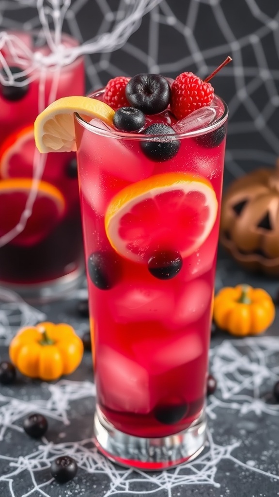 A spooky glass of berry lemonade with ice and lemon slices, decorated for Halloween.